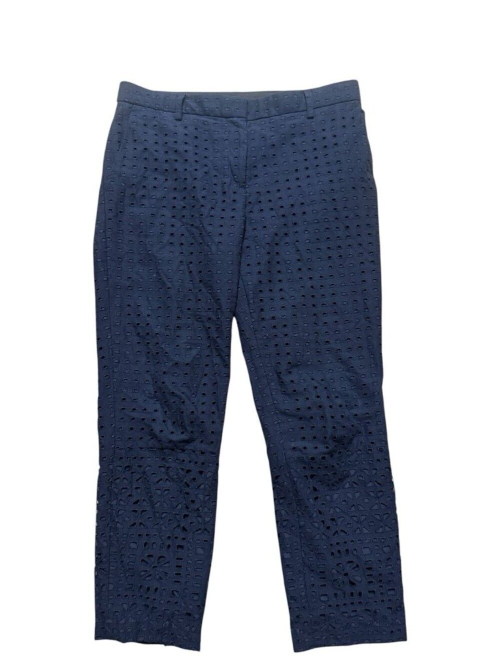 Ann Taylor Eyelet Pants Blue Cotton Cropped Straight Leg Size 8